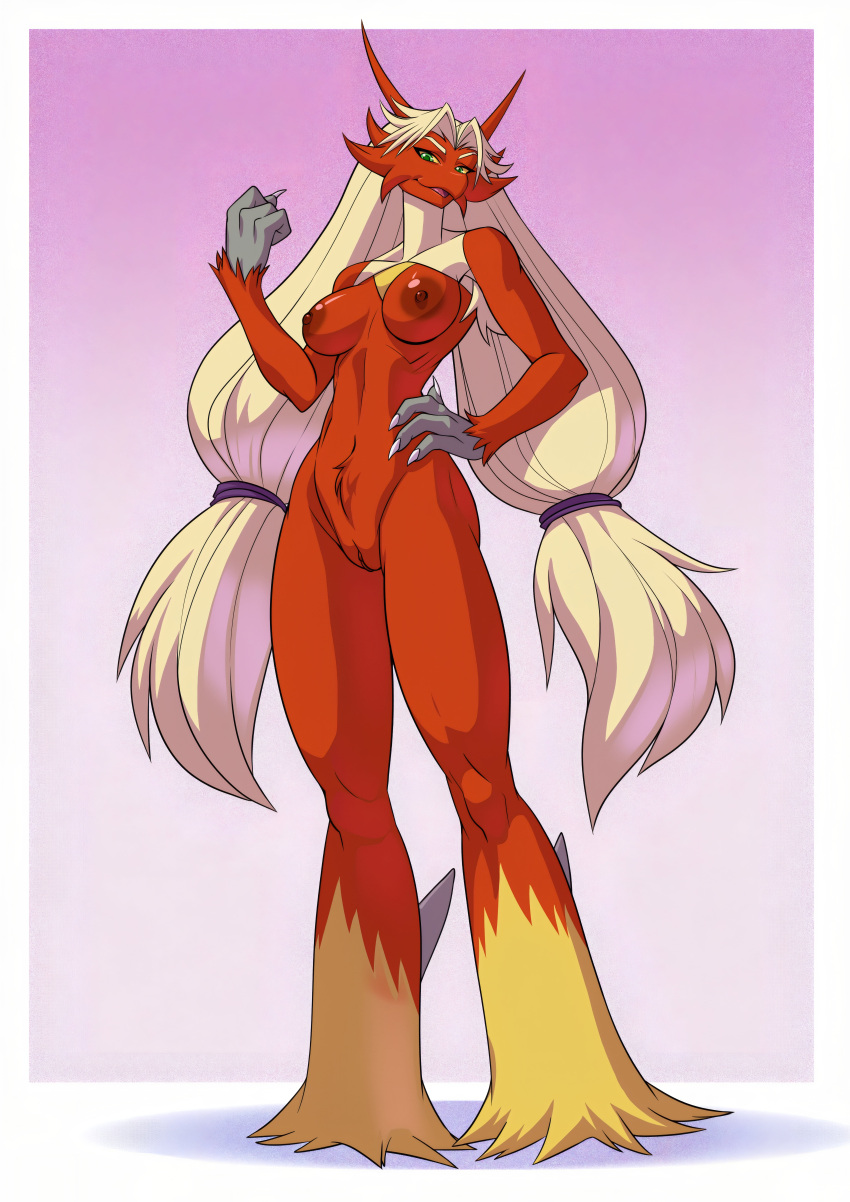 1girl alancampos_(artist) alanscampos_(artist) avian big_ass big_breasts blaziken blonde_hair cute long_hair posing red_skin seductive sexy strong