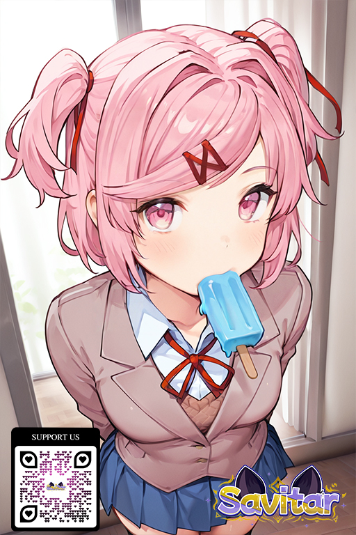 1girl 1girl 1girl ai_generated arms_behind_back bag bangs black_thighhighs blazer blue_skirt blush bow breasts brown_jacket cardigan clothing collared_shirt curtains dialogue_box doki_doki_literature_club! food food_in_mouth grey_jacket hair_intakes hair_ornament hair_ribbon hairclip holding holding_food holding_object indoors jacket leaning_forward legwear littlehentai long_sleeves looking_at_viewer medium_breasts miniskirt mouth_hold natsuki_(doki_doki_literature_club!) natsuki_(doki_doki_literature_club) neck_ribbon orange_sweater pink_eyes pink_hair pleated_skirt popsicle popsicle_in_mouth red_ribbon ribbon savitar savitar_(artist) school_uniform shirt short_hair skirt stockings swept_bangs thighs twin_tails two_side_up uniform white_shirt wing_collar x_hair_ornament