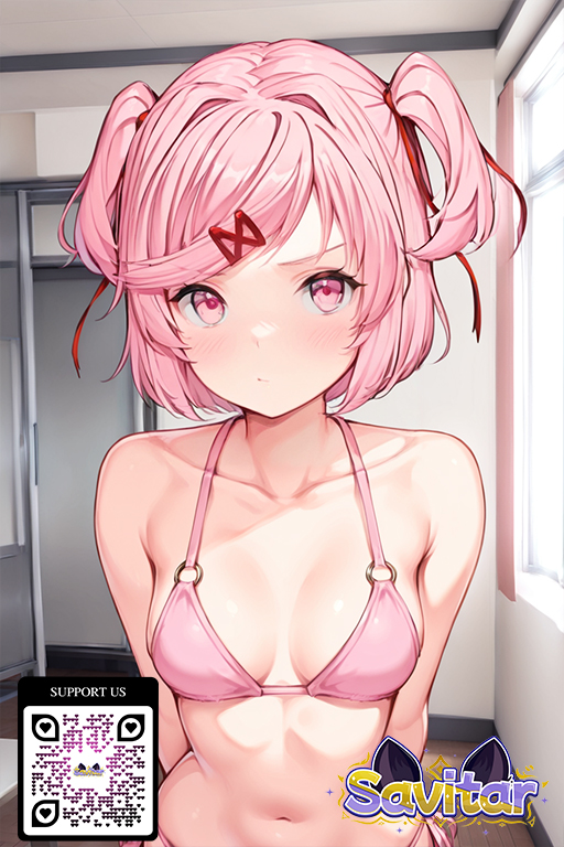 1girl 1girl 1girl ai_generated arms_behind_back bangs bare_shoulders bikini blush breasts clavicle cleavage closed_mouth clothing collarbone dialogue_box doki_doki_literature_club! female_only hair_ornament hair_ribbon hairclip halterneck indoors littlehentai looking_at_viewer medium_breasts natsuki_(doki_doki_literature_club!) natsuki_(doki_doki_literature_club) navel o-ring o-ring_bikini o-ring_top pink_bikini pink_eyes pink_hair pink_ribbon pink_swimsuit red_ribbon ribbon savitar savitar_(artist) short_hair side-tie_bikini_bottom small_breasts stomach string_bikini swept_bangs swimsuit thighs twin_tails two_side_up upper_body x_hair_ornament