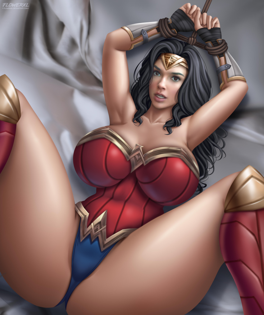 1girl 1girls actress alternate_breast_size armpits arms_up big_breasts big_breasts bondage breasts celeb dc_comics dc_comics dc_extended_universe demigoddess diana_prince female_focus female_only flowerxl gal_gadot huge_breasts imminent_rape legs_spread long_hair olive_skin spread_legs superheroine tagme tied_hands wonder_woman wonder_woman_(series)
