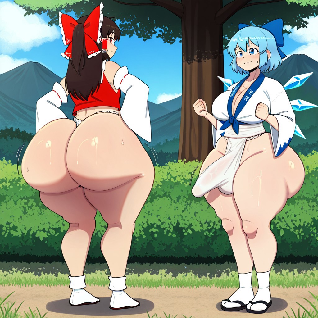 1futa 1girl ai_generated ass ass big_ass big_ass big_breasts breasts cirno erection erection_under_clothes fundoshi fundoshi_futanari fundoshilover101 futanari huge_ass huge_ass huge_breasts reimu_hakurei touhou