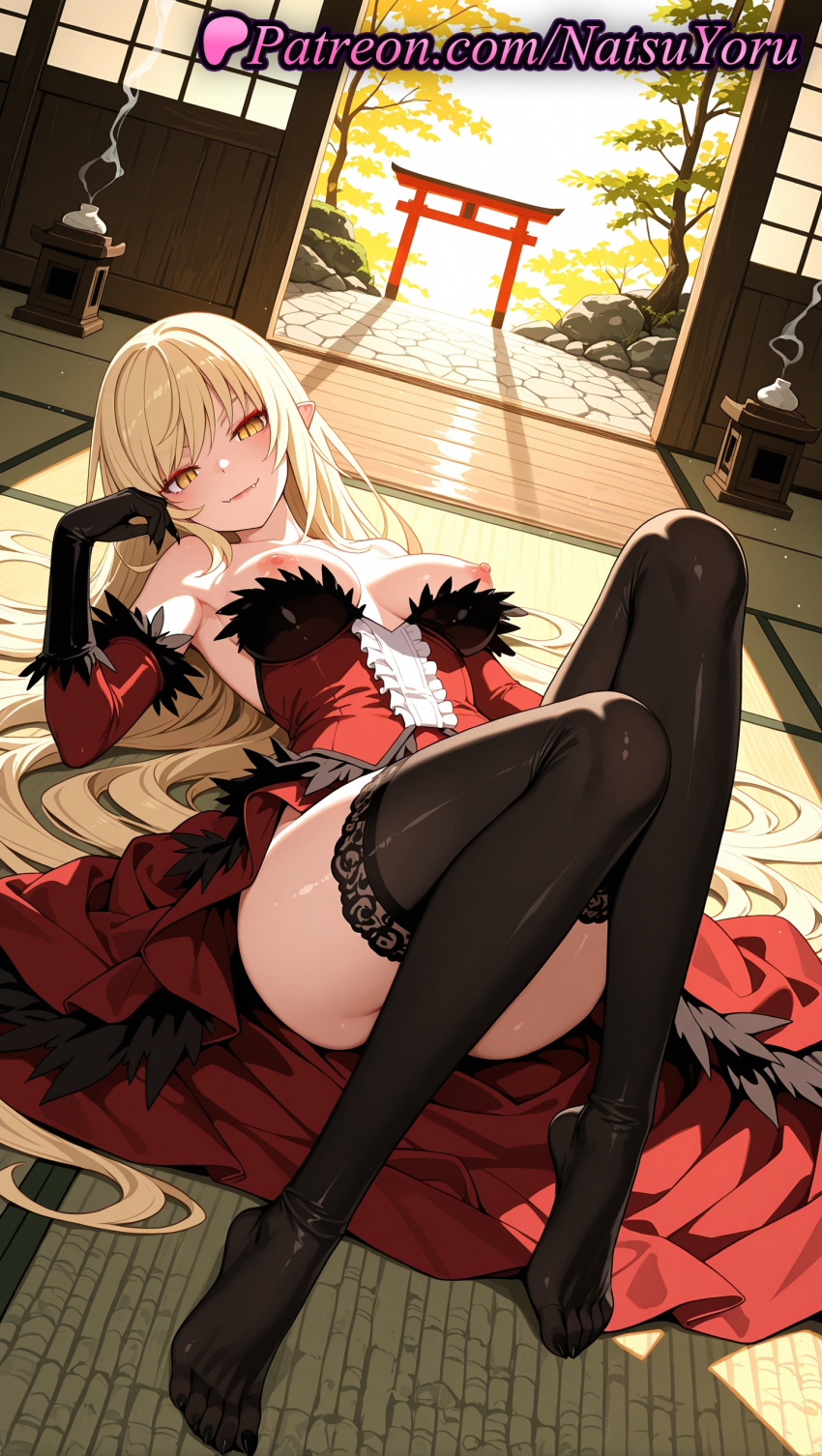 1girl 1girls 2025 ai ai_assisted ai_generated anime anime_style architecture bakemonogatari bangs bare_shoulders big_breasts big_breasts black_gloves black_legwear black_thighhighs blonde_hair blush breasts breasts_out bust cleavage closed_mouth convenient_leg detached_sleeves dress dutch_angle east_asian_architecture elbow_gloves feather_trim feet female_focus female_only foot_fetish frills full_body fur_trim gloves hair_spread_out hentai high_quality high_res high_res high_resolution indoors juicy_butt kiss-shot_acerola-orion_heart-under-blade knees_up legs long_hair looking_at_viewer lying makeup monogatari_(series) natsuyoru nipple_slip nipples nipples_outside no_shoes non-asian on_back on_floor one_breast_out parted_lips patreon pointed_ears pointy_ears red_dress shiny shouji sitting sliding_doors slit_pupils smile solo_female stable_diffusion stockings stockings stone_lantern strapless strapless_dress tatami thighs toes torii uncensored_nipples vampire very_long_hair voluptuous voluptuous_female yellow_eyes