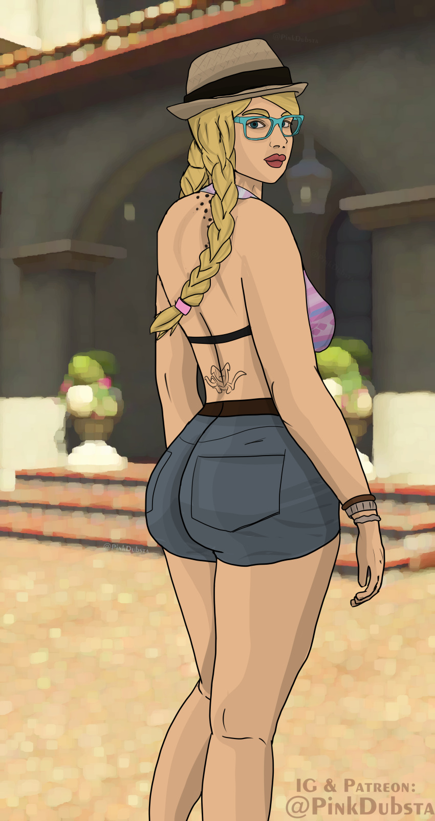1girl 1girl 1girl alluring ass big_breasts blonde_hair blue_eyes female_only glasses grand_theft_auto grand_theft_auto_v hat looking_at_viewer looking_back pink_dubsta rockstar_games tattoo tracey_de_santa twin_tails white_skin