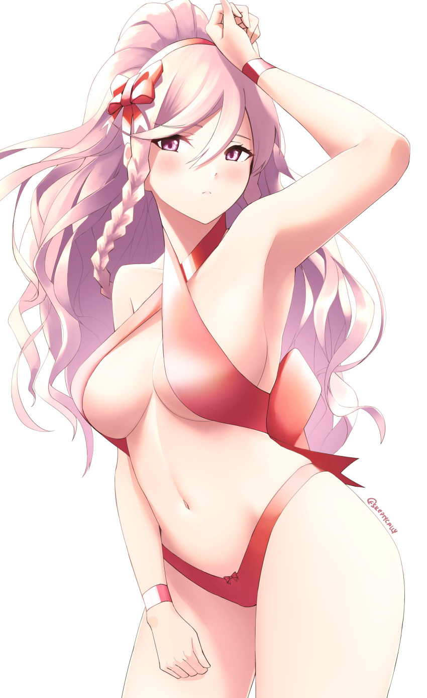 1girl 1girl absurd_res alluring arm_up big_breasts blush bow braid closed_mouth female_focus fire_emblem fire_emblem_awakening hair_ribbon high_ponytail high_res intelligent_systems long_hair medium_breasts navel nintendo olivia_(fire_emblem) pink_eyes pink_hair ponytail ribbon side_braid simple_background skeptycally twin_braids twitter_username white_background wristband