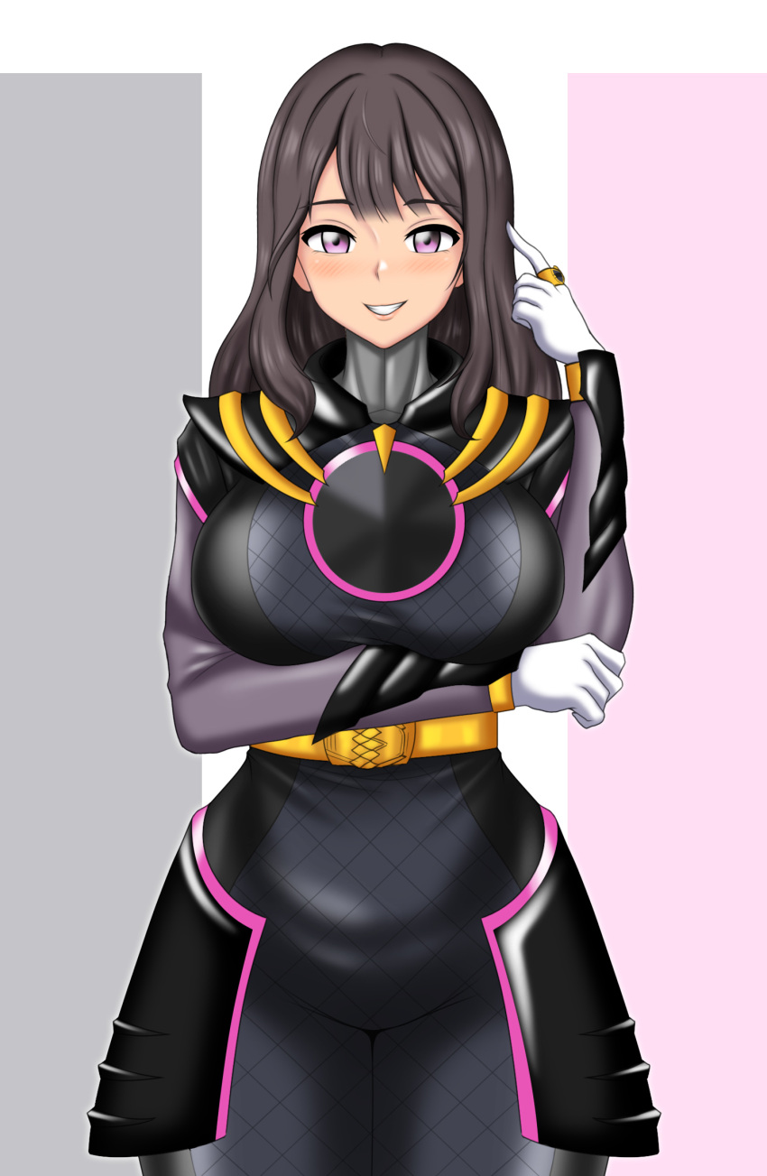 1girl 1girl alluring big_breasts black_hair bodysuit ichikawa_sumino no.1_sentai_gozyuger no_helmet pin_up purple_eyes super_sentai treezero