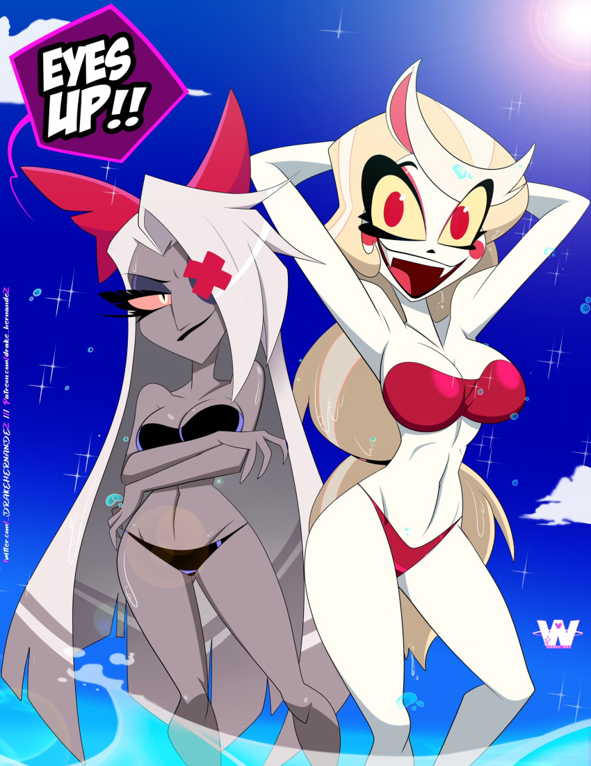 1girl 2_girls alluring bare_arms bare_legs bare_shoulders bare_thighs big_breasts big_breasts bikini bikini_bottom bikini_top blonde_hair canon_couple charlie_morningstar_(hazbin_hotel) clothed clothing colored deviantart_link english_text female_focus female_only great_dude grey_hair hazbin_hotel high_res light-skinned_female light_skin long_hair looking_at_viewer red_eyes solo_female tagme text text_bubble thick_thighs twitter_link vaggie_(hazbin_hotel) vivienne_medrano water
