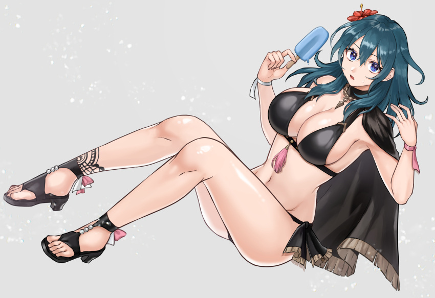 1girl alluring bare_shoulders big_breasts bikini black_bikini black_cape black_sandals blue_eyes byleth_(fire_emblem) byleth_(fire_emblem_(female) byleth_(summer)_(fire_emblem)_(female) cape cleavage fire_emblem fire_emblem:_three_houses fire_emblem_heroes flower food full_body green_hair grey_background hair_flower hair_ornament hazuki_(nyorosuke) high_heels high_res holding holding_food holding_popsicle intelligent_systems long_hair looking_at_viewer navel nintendo official_alternate_costume open_mouth popsicle red_flower sandals sideboob simple_background stomach swimsuit teal_hair thighs