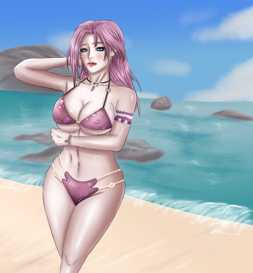 1girl alluring beach big_breasts blue_eyes blue_sky cleavage dead_or_alive dead_or_alive_xtreme_venus_vacation elise_(doa) ocean pin_up pink_hair ryko tecmo