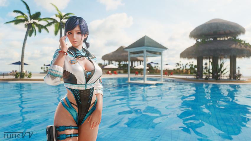 1girl alluring big_breasts bikini black_and_blue_hair cleavage dead_or_alive dead_or_alive_xtreme_venus_vacation one-piece_bikini reika_(doa) runevv swimming_pool tecmo