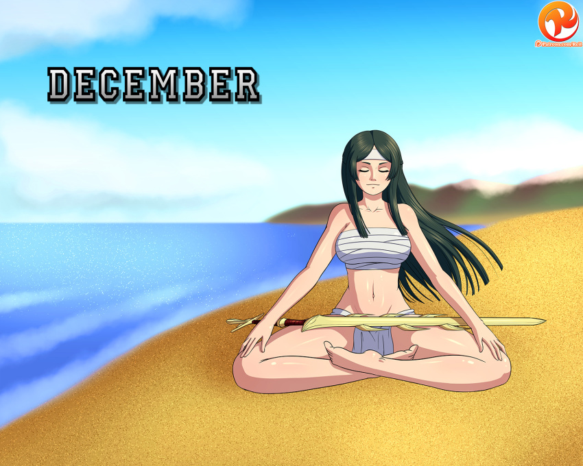 1girl barefoot beach big_breasts black_hair closed_eyes cloud crossed_legs fire_emblem fire_emblem_awakening fundoshi headband high_res intelligent_systems japanese_clothes kunoichi long_hair meditation navel nintendo ocean reit sand sarashi say'ri_(fire_emblem) sky sword water weapon