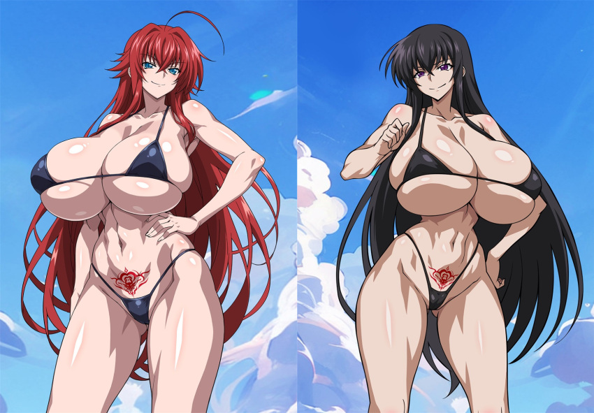 2_girls alluring amano_yuuma bare_legs big_breasts bikini black_hair blue_eyes cleavage high_school_dxd pin_up purple_eyes red_hair rias_gremory under_boob yxyyxy