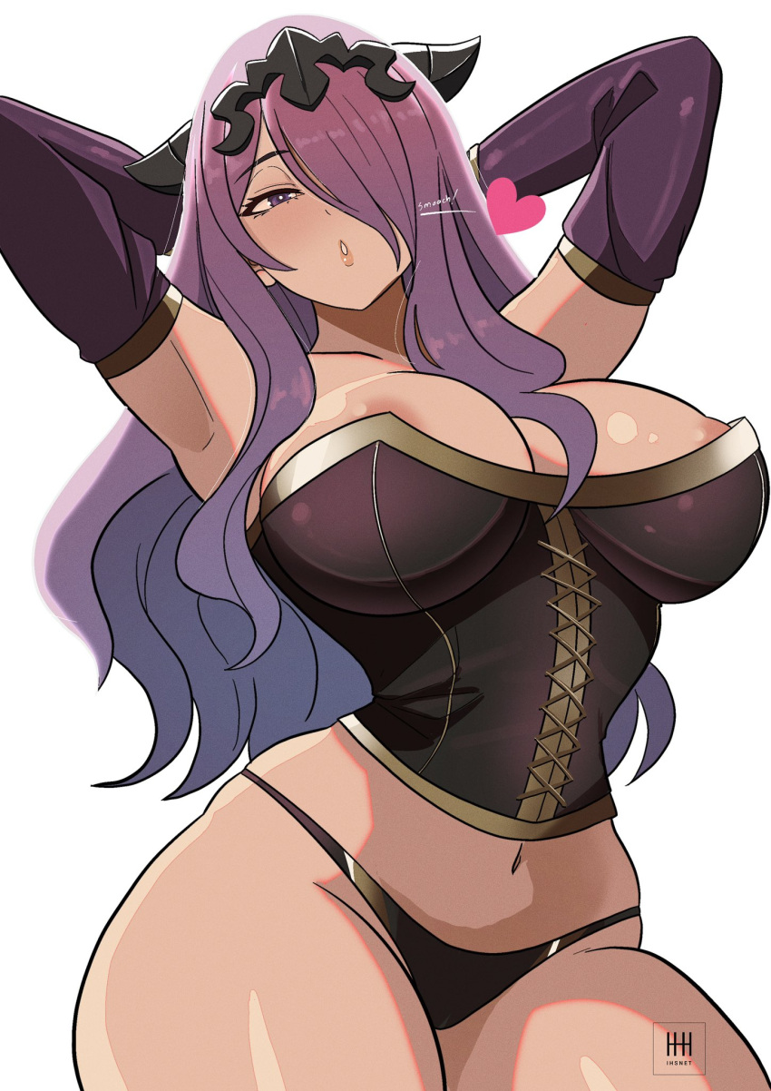 alluring big_breasts camilla_(fire_emblem) cleavage clothes_falling_off fire_emblem fire_emblem_fates flirting hair_over_one_eye heart ihsnet intelligent_systems mature_female nintendo nipple_slip nipples purple_hair seductive thighs