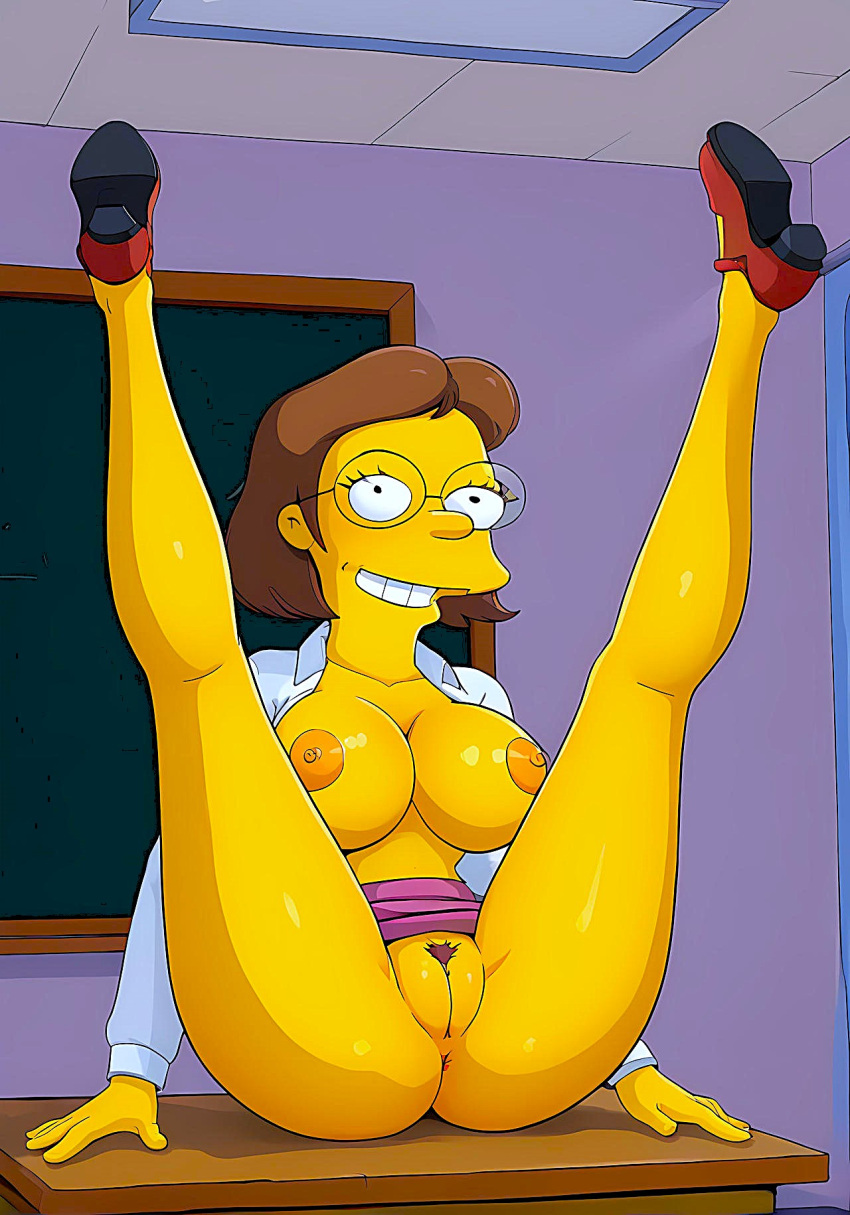 ass big_breasts breasts_out elizabeth_hoover erect_nipples glasses legs_up no_bra no_panties shaved_pussy the_simpsons thighs