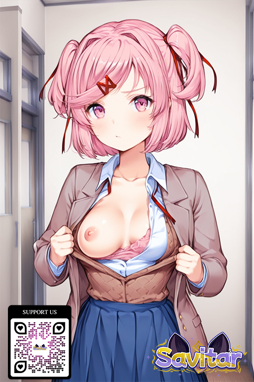 1girl 1girl 1girl :t ai_generated bangs big_breasts blazer blue_skirt blush bow bra breasts brown_jacket clavicle cleavage closed_mouth clothes_pull clothing collarbone collared_shirt doki_doki_literature_club! dress_shirt flashing frown hair_ornament hair_ribbon hairclip indoors jacket littlehentai long_sleeves looking_at_viewer medium_breasts natsuki_(doki_doki_literature_club!) natsuki_(doki_doki_literature_club) nipples one_breast_out open_clothes open_jacket open_shirt pink_bra pink_eyes pink_hair pleated_skirt red_ribbon ribbon savitar savitar_(artist) school_uniform shirt short_hair skirt small_breasts swept_bangs twin_tails two_side_up unbuttoned underwear uniform white_shirt wing_collar x_hair_ornament