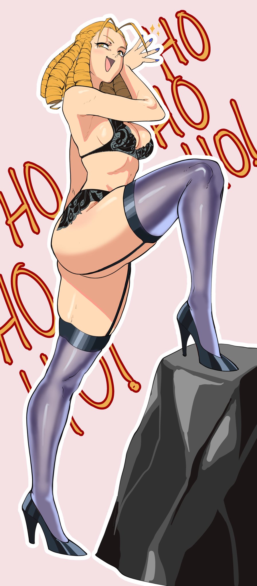 1girl 2d ass athletic athletic_female big_breasts blonde_hair bra breasts bubble_butt capcom drill_hair female_focus female_only garter_belt garter_straps high_heels hourglass_figure karin_kanzuki lingerie long_hair medium_breasts nail_polish octavius_dp ojou-sama ojou-sama_pose orange_eyes panties pinup pinup_pose stockings street_fighter street_fighter_alpha wide_hips