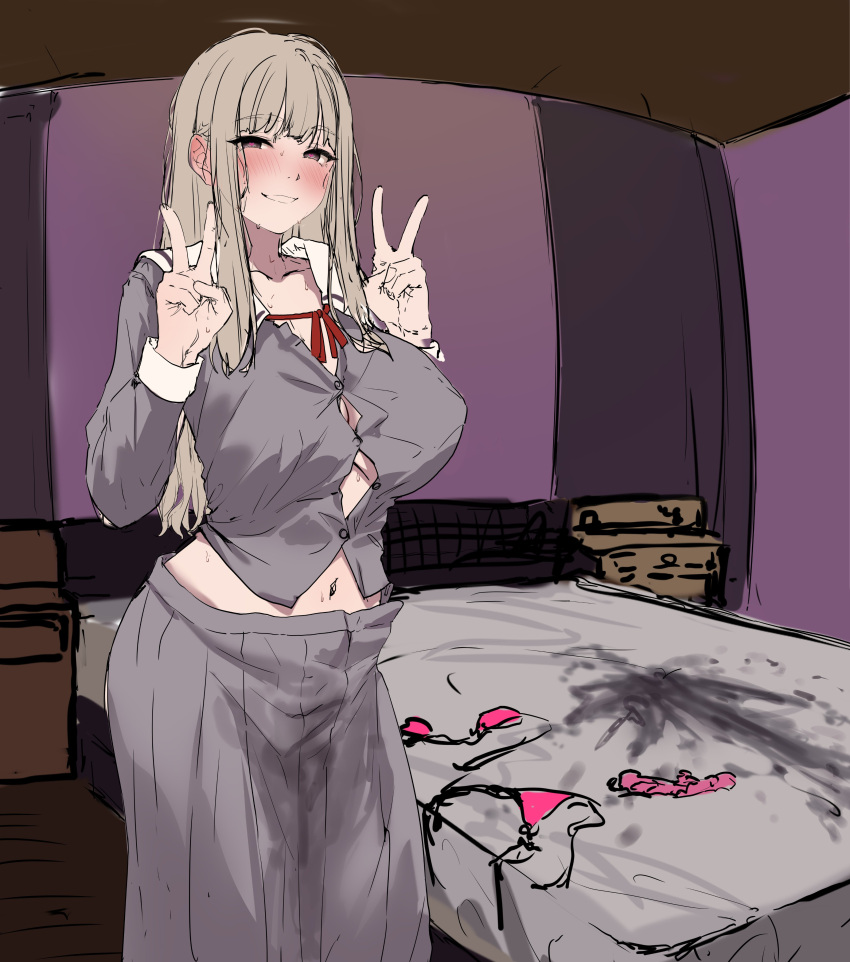 1girl absurd_res after_sex bed big_breasts bikini blonde_hair blush breasts button_gap covered_erect_nipples double_v dress_shirt dressing harukawa_syuria_(jack_dempa) heart heart-shaped_pupils high_res impossible_clothes impossible_shirt jack_dempa long_hair long_skirt looking_at_viewer love_hotel navel open_mouth original pleated_skirt pussy_juice_stain red_ribbon ribbon sailor_collar school_uniform sex_toy shirt sidelocks skirt sweat symbol-shaped_pupils taut_clothes taut_shirt v vibrator wip work_in_progress
