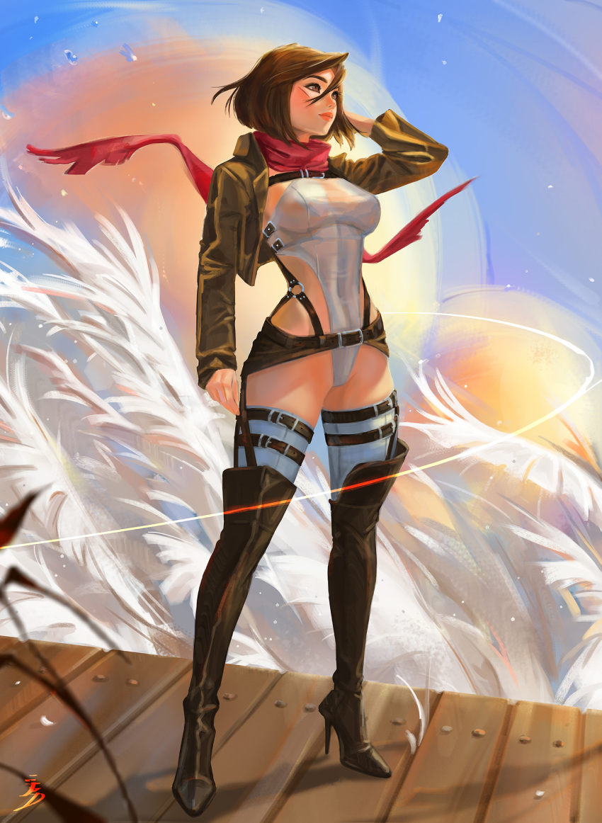 1girl adapted_costume arm_at_side attack_on_titan black_hair bob_cut breasts brown_eyes brown_hair closed_mouth coffeeart female_only female_solo full_body lips lipstick looking_to_the_side makeup medium_breasts mikasa_ackerman orange_lipstick red_scarf scared shingeki_no_kyojin short_hair smile standing