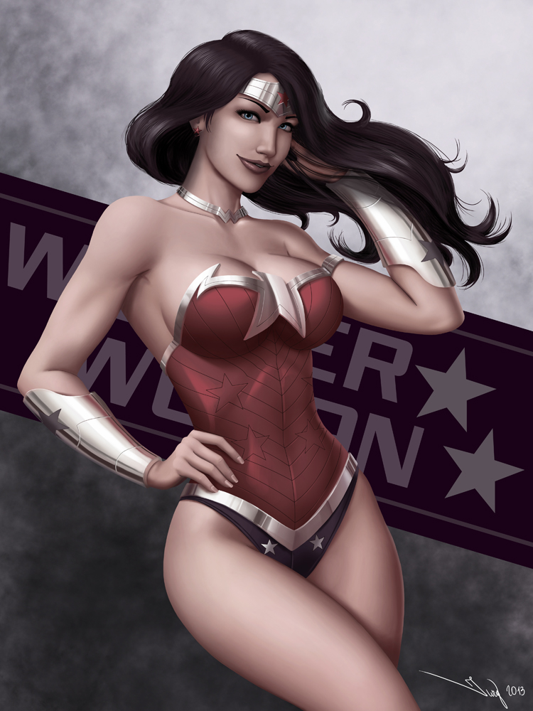 1girl adjusting_hair amazon armlet bare_legs bare_shoulders big_breasts black_hair blue_eyes blue_leotard bracer breasts brown_lipstick character_name cleavage collarbone dc_comics dcau diana_prince earrings female_only female_solo floating_hair gradient gradient_background grey_background grin half-closed_eyes hand_on_hip hand_up heroine iury_padilha jewelry justice_league justice_league_unlimited legs leotard lips lipstick long_hair looking_at_viewer lots_of_jewelry makeup multicolored_clothes multicolored_leotard naughty_face neck neck_ring necklace parted_lips red_leotard smile standing star_(symbol) star_earrings star_print straight_hair strapless strapless_leotard superheroine themysciran thick_thighs thighs tiara wonder_woman wonder_woman_(series)