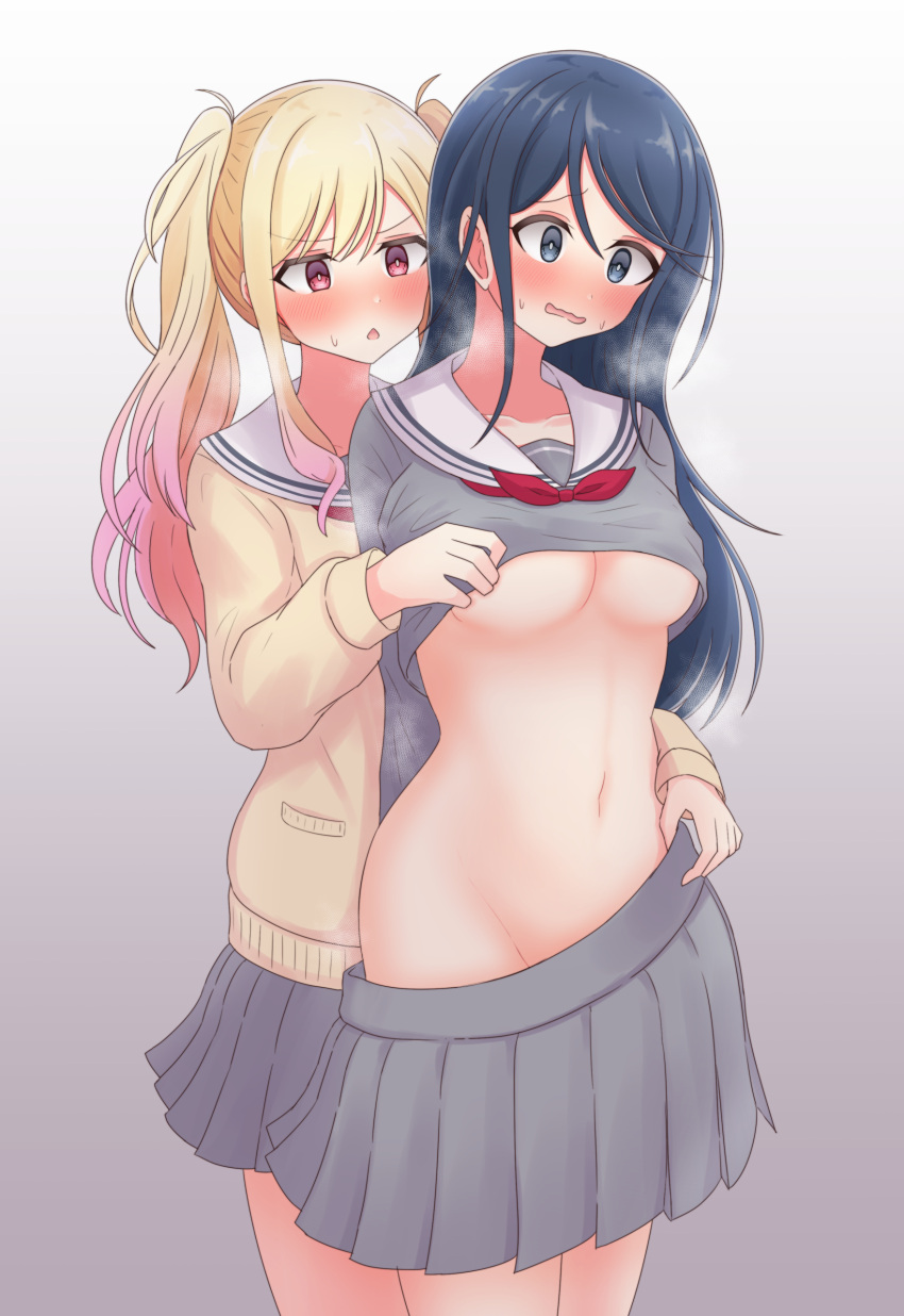 2_girls black_hair blonde_to_pink_hair blue_eyes blush bow breasts cardigan chiaki_himanagi hoshino_ichika_(project_sekai) long_hair masurao19 miyamasuzaka_girls'_academy_school_uniform navel no_bra no_panties project_sekai red_bow red_eyes school_uniform shirt shirt_lift skirt skirt_pull tenma_saki twin_tails two_tone_hair under_boob yuri
