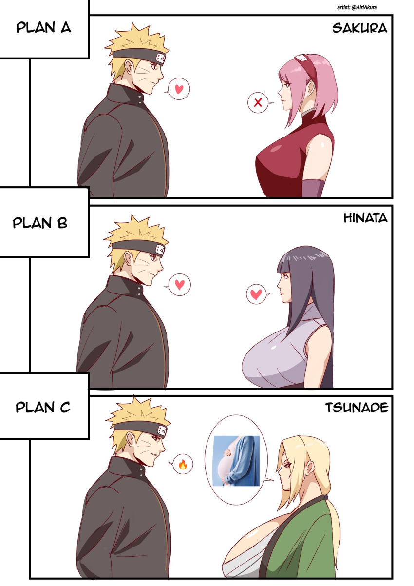3_girls age_difference airi_akura big_breasts breasts hinata_hyuuga huge_breasts implied_pregnancy mature_female milf multiple_girls naruto naruto_uzumaki sakura_haruno size_comparison size_difference tsunade