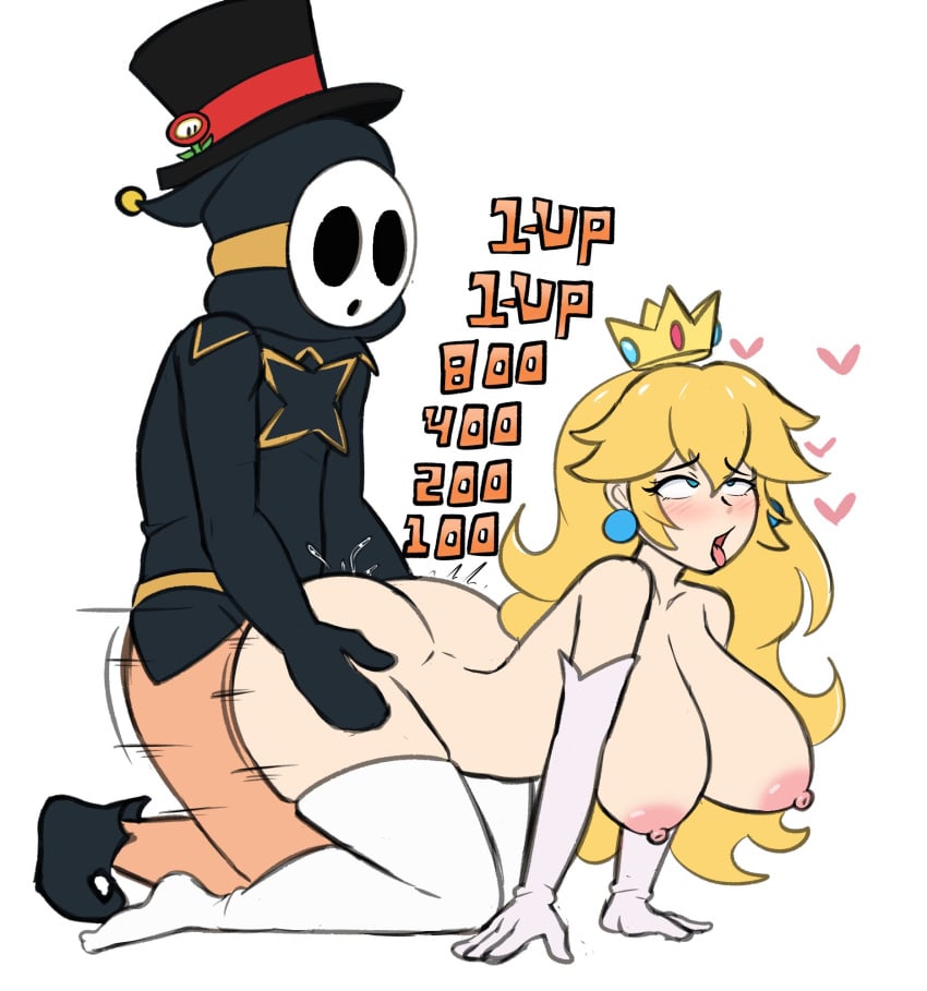 1boy 1girl 1girl 1up all_fours anti_groove armwear ass_grab black_coat black_hat blonde_hair bottomless bottomless_male breasts clothed_male_nude_female clothing coat crown dodo-bot doggy_position duo ear_piercing face_covered hands_on_ass hat heart legwear light-skinned_female light_skin long_hair looking_at_viewer male male/female mario_(series) mask masked_male nintendo nipples open_mouth princess princess_peach royalty sex shy_guy straight straight_sex tongue tongue_out white_armwear white_background white_legwear
