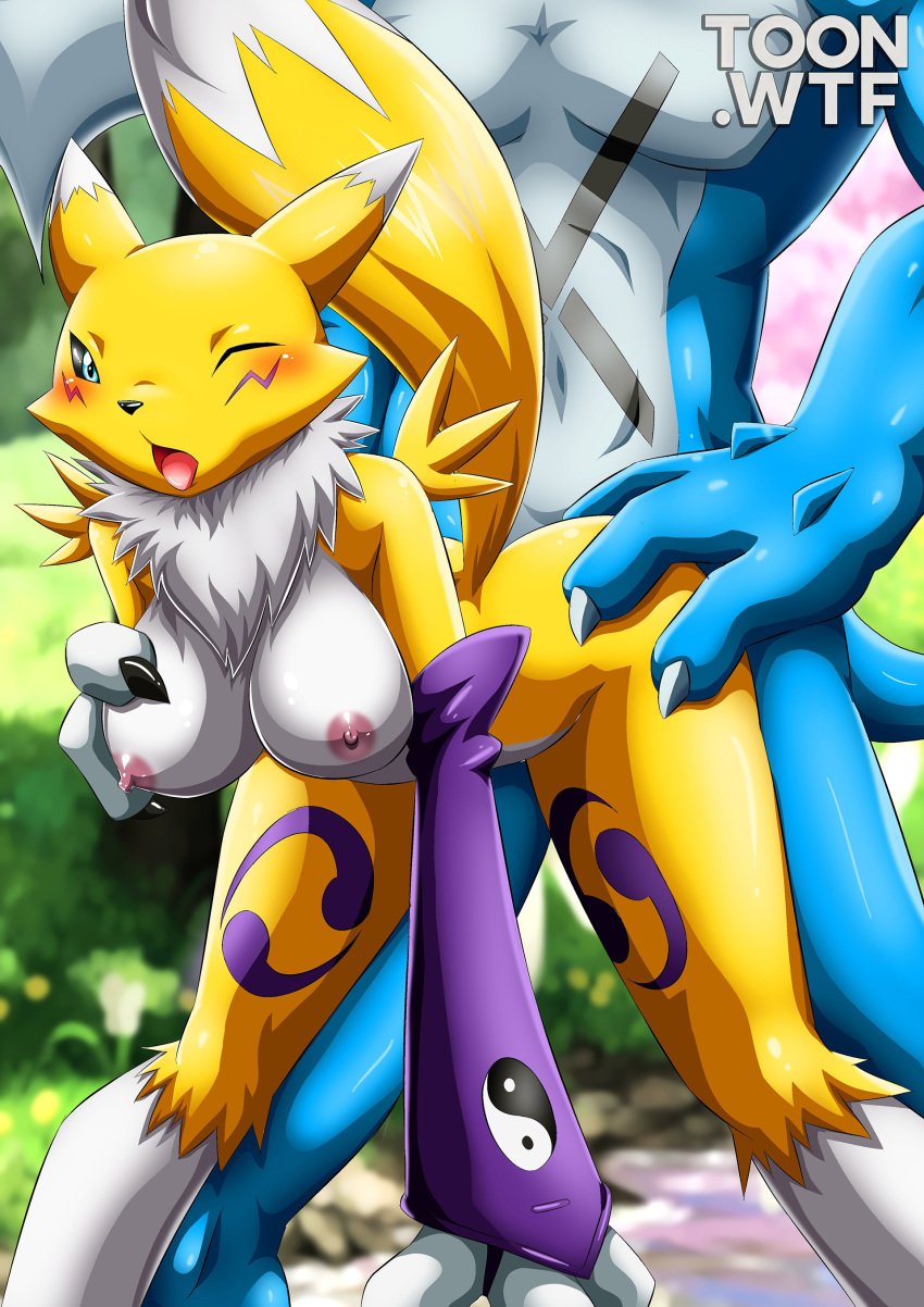 1boy 1girl 1girls anthro ass bbmbbf breasts digihentai digimon digimon_(species) exveemon furry high_res male male/female nipples one_eye_closed open_mouth palcomix penetration renamon sex tongue tongue_out toon.wtf