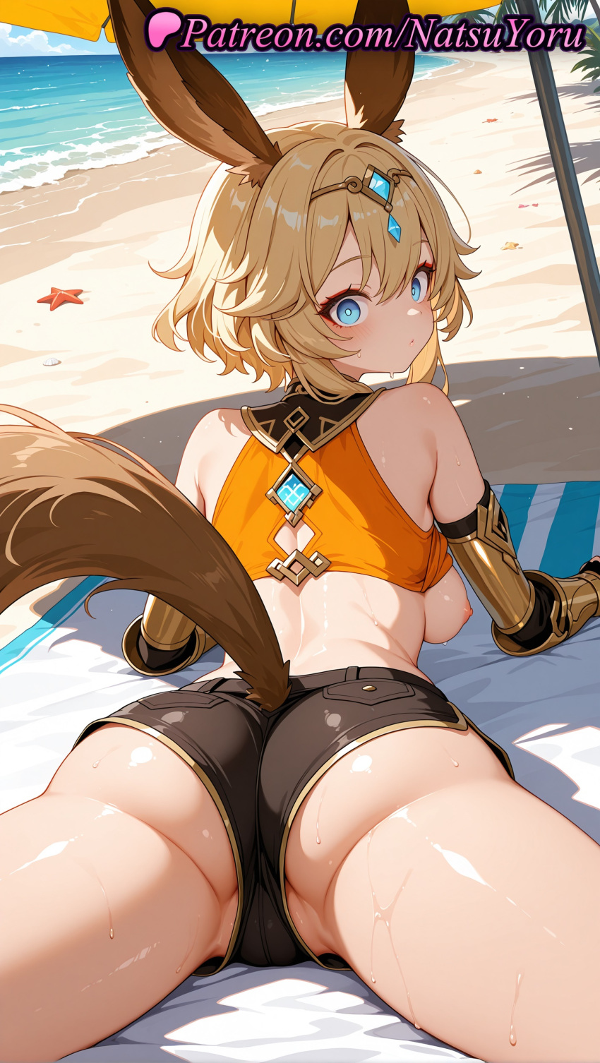 1girl 1girl 1girls 2025 @_@ ai ai_assisted ai_generated animal_ears anime anime_style ass ass back bangs bare_shoulders beach beach_towel beach_umbrella big_breasts big_breasts black_shorts blonde_hair blue_eyes blush breasts breasts_out bust cameltoe circlet closed_mouth clothes_lift crop_top day female_focus female_only from_behind genshin_impact gloves hair_between_eyes hentai high_quality high_res high_res high_resolution hoyoverse juicy_butt kachina_(genshin_impact) looking_at_viewer looking_back lying medium_breasts micro_shorts mihoyo mihoyo_technology_(shanghai)_co._ltd. natsuyoru nipples nipples_outside ocean on_stomach orange_shirt outside partially_visible_vulva patreon rabbit_ears rabbit_girl rabbit_tail sand shiny shiny_skin shirt shirt_lift shore short_hair short_shorts shorts sideboob sidelocks sky sleeveless sleeveless_shirt solo_female spread_legs stable_diffusion starfish sweat tail thighs towel umbrella uncensored_nipples underbutt voluptuous voluptuous_female water wet