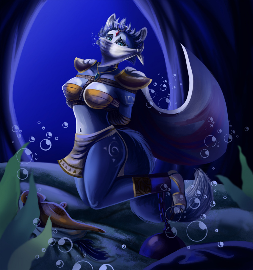 1girl aladdin_(series) ball bondage bound bubbles chains cloth_gag crossover damsel_in_distress disney female fox gag gagged kiravia krystal nintendo peril rareware ropes solo star_fox star_fox_adventures tied_up underwater