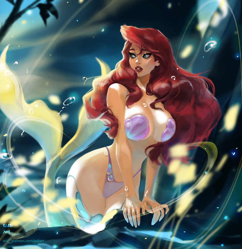 1girl alternate_costume arm_support bare_arms bare_shoulders big_breasts bikini blue_eyes breasts cleavage disney disney_princess female female_only female_solo floating_hair lips lipstick long_hair looking_back looking_to_the_side makeup mermaid midriff monster_girl neck parted_lips pink_bikini pink_swimsuit princess princess_ariel red_hair red_lipstick solo strapless strapless_bikini strapless_swimsuit swimsuit tattiart the_little_mermaid the_little_mermaid_(1989_film) underwater v_arms very_long_hair