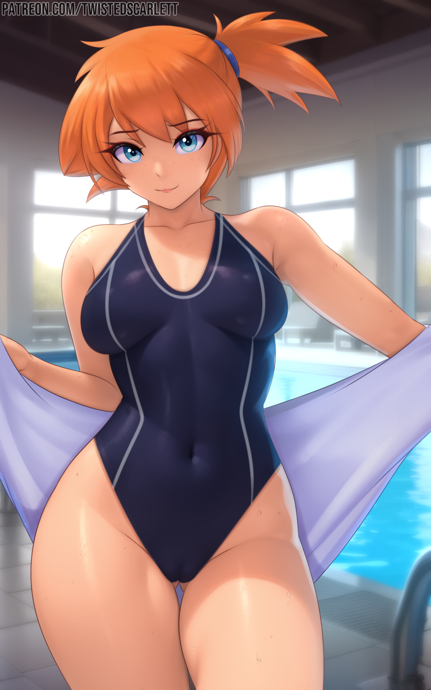 1girl 1girl alluring aqua_eyes asymmetrical_hair bangs bikini blurry blurry_background cameltoe clavicle closed_mouth clothing contrapposto cowboy_shot day eyelashes gluteal_fold high_resolution holding holding_towel indoors kasumi_(pokemon) large_filesize looking_at_viewer medium_breasts misty misty_(pokemon) navel nintendo one-piece_bikini open_clothes open_towel orange_hair pokemon pokemon_(game) pokemon_rgby ponytail pool presenting pussy side_ponytail smile stomach swimming_pool swimsuit thigh_gap thighs tied_hair tile_floor tiles towel twistedscarlett60 uncensored very_high_resolution water web_address wet wide_hips