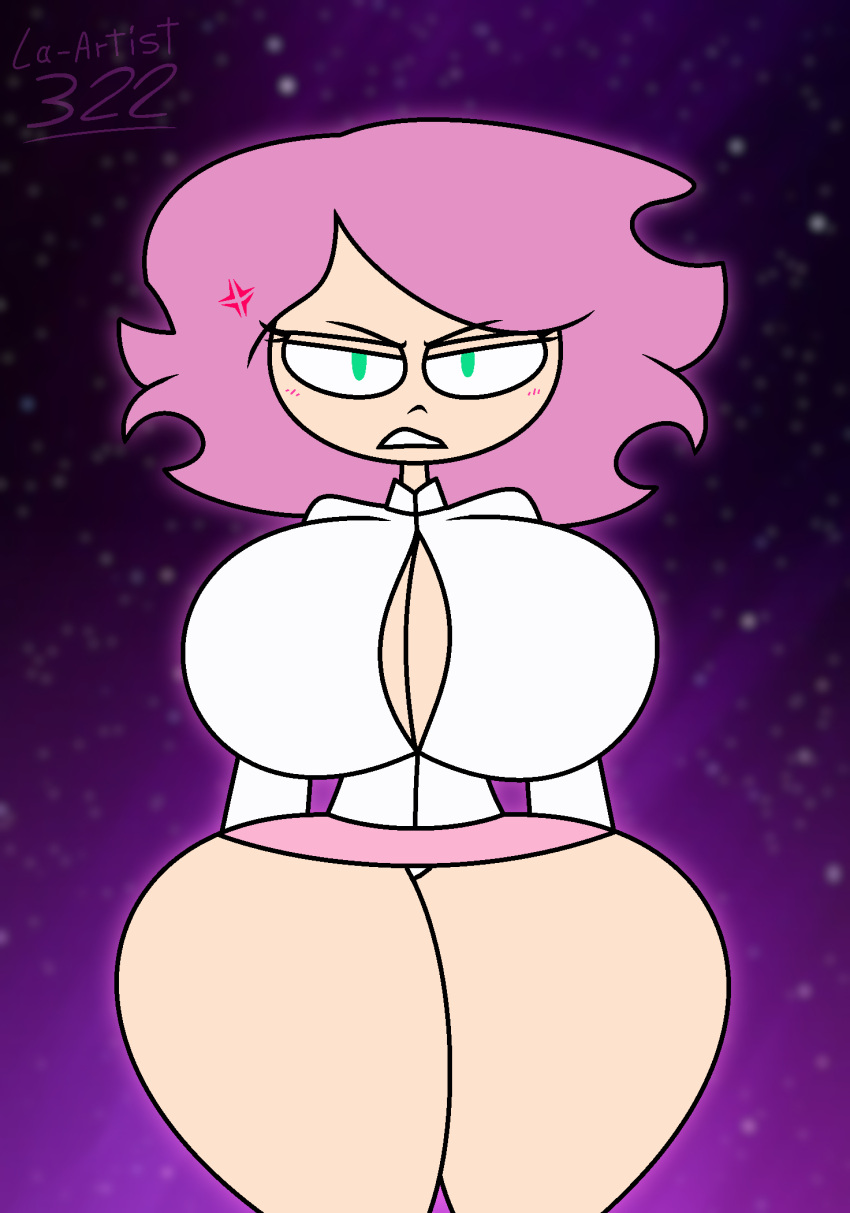 angry_expression babe big_breasts frowning_at_viewer green_eyes juj_puj juj_puj_(youtuber) la-artist322_(artist) lewd looking_at_viewer milf miniskirt narrowed_eyes pink_hair sexy thicc thicc_thighs thick_thighs young_adult_female young_adult_woman youtuber youtuber_girl