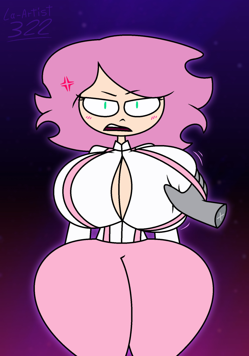 angry_expression babe big_breasts frowning_at_viewer green_eyes grey_skin groping groping_breasts hand_on_breast juj_puj juj_puj_(youtuber) la-artist322_(artist) lewd looking_at_viewer milf pink_hair sexy thicc thicc_thighs thick_thighs young_adult_female young_adult_woman youtuber youtuber_girl