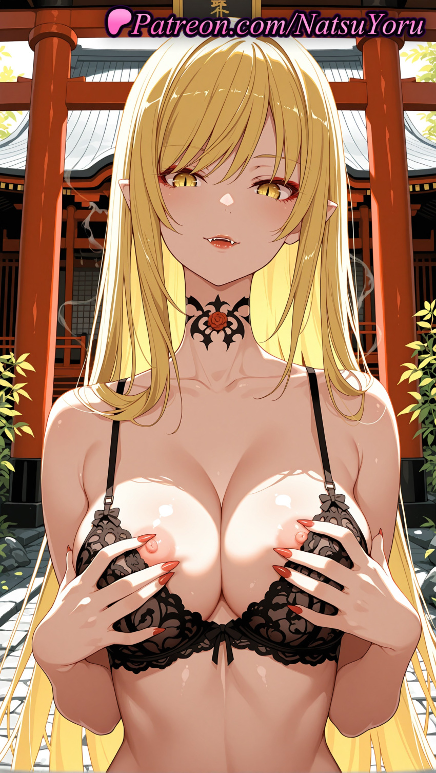 1girl 1girl 1girls 2025 ai ai_assisted ai_generated anime anime_style architecture areola_slip asian bakemonogatari bangs bare_shoulders big_breasts big_breasts black_bra black_choker blonde_hair blush bra breasts bust choker cleavage clothing collarbone elf_ears fangs female_focus female_only fingernails grabbing_own_breast hands_on_own_breasts hentai high_quality high_res high_res high_resolution kiss-shot_acerola-orion_heart-under-blade lace-trimmed_bra lace_bra lace_trim lingerie lips lipstick long_hair long_nails looking_at_viewer makeup monogatari_(series) nail_polish natsuyoru nipple_slip nipples nipples_outside non-asian open_mouth outside parted_lips patreon pointy_ears red_nails shiny shiny_skin slit_pupils smile solo_female stable_diffusion tattoo teeth uncensored_nipples underwear underwear_only upper_body vampire very_long_hair voluptuous voluptuous_female yellow_eyes