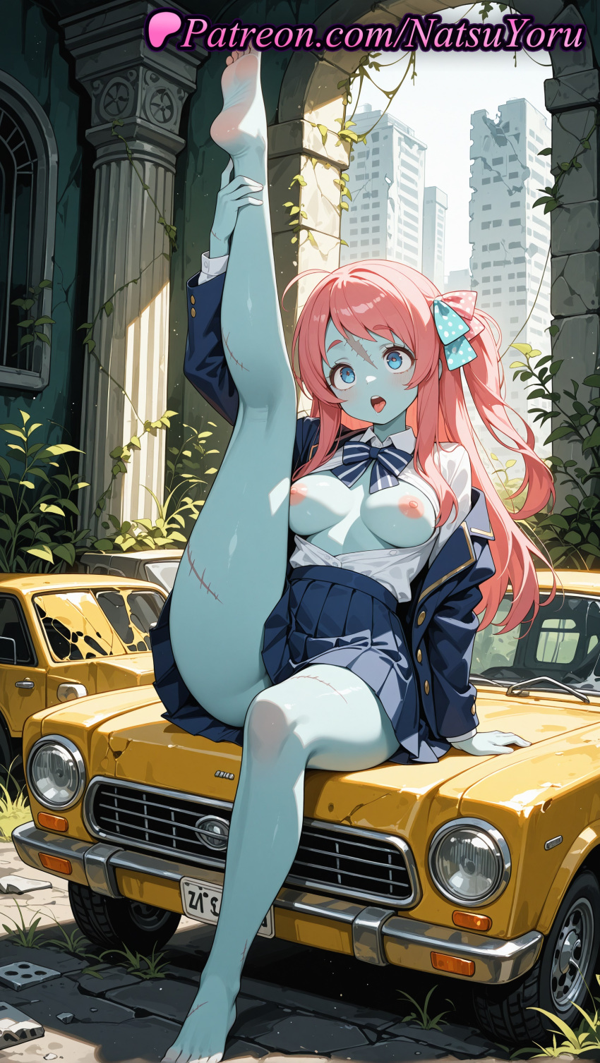 1girl 2025 ahoge ai_assisted ai_generated anime anime_style arm_support arm_up asian bangs bare_legs barefoot big_breasts blazer blouse blue_bow blue_bowtie blue_eyes blue_jacket blue_skin blue_skirt blush bow bowtie breasts breasts_apart breasts_out breasts_outside broken_window building bust car collared_shirt colored_skin crack day feet female_focus female_only foot_fetish full_body ground_vehicle hair_bow hair_ribbon hentai high_quality high_res high_resolution indoors jacket leg_lift legs long_hair long_sleeves looking_at_viewer medium_breasts minamoto_sakura miniskirt motor_vehicle natsuyoru nipples nipples_outside no_bra off_shoulder on_vehicle one_leg_up one_side_up open_clothes open_jacket open_mouth open_shirt outside overgrown pale_skin patreon pillar pink_hair plant pleated_skirt polka_dot polka_dot_bow polka_dot_ribbon pussy red_hair ribbon ruins scar scar_on_face scar_on_forehead scar_on_neck school_uniform shirt sitting skirt soles solo_female split spread_legs stable_diffusion standing_on_one_leg striped_bow striped_bowtie teeth thighs toenails toes tongue tongue_out uncensored_nipples upper_teeth_only vehicle_focus vines voluptuous voluptuous_female white_shirt zombie zombie_land_saga