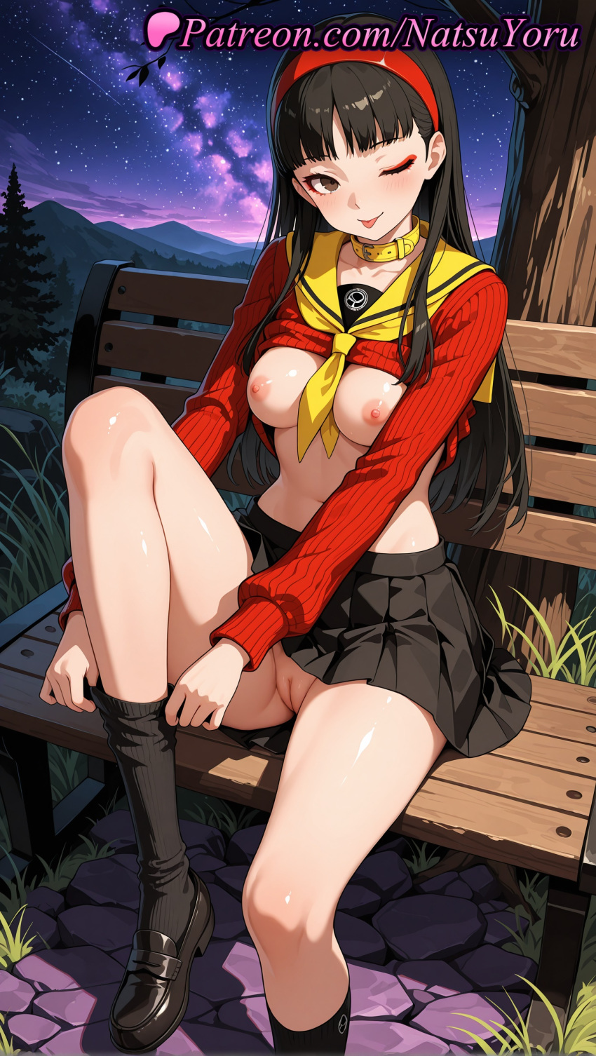 1girl 1girls 2025 ai ai_assisted ai_generated amagi_yukiko anime anime_style bangs bench big_breasts black_eyes black_footwear black_hair black_skirt black_socks blunt_bangs blush breasts brown_eyes bust cleft_of_venus closed_mouth clothes_lift collar collarbone female_focus female_only foot_out_of_frame grass hairband hentai high_quality high_res high_res high_resolution knee_up kneehighs labia legs loafers long_hair long_sleeves looking_at_viewer makeup medium_breasts miniskirt natsuyoru neckerchief night night_sky nipples nipples_outside no_bra no_panties one_eye_closed outside park_bench patreon persona persona_4 pleated_skirt pussy pussy red_hairband red_sweater sailor_collar sailor_uniform school_uniform serafuku shirt shirt_lift shoes shooting_star sitting skirt sky smile socks solo_female stable_diffusion star_(sky) starry_sky sweater sweater_lift thighs tongue tongue_out tree uncensored uncensored_nipples voluptuous voluptuous_female yasogami_school_uniform yellow_neckerchief