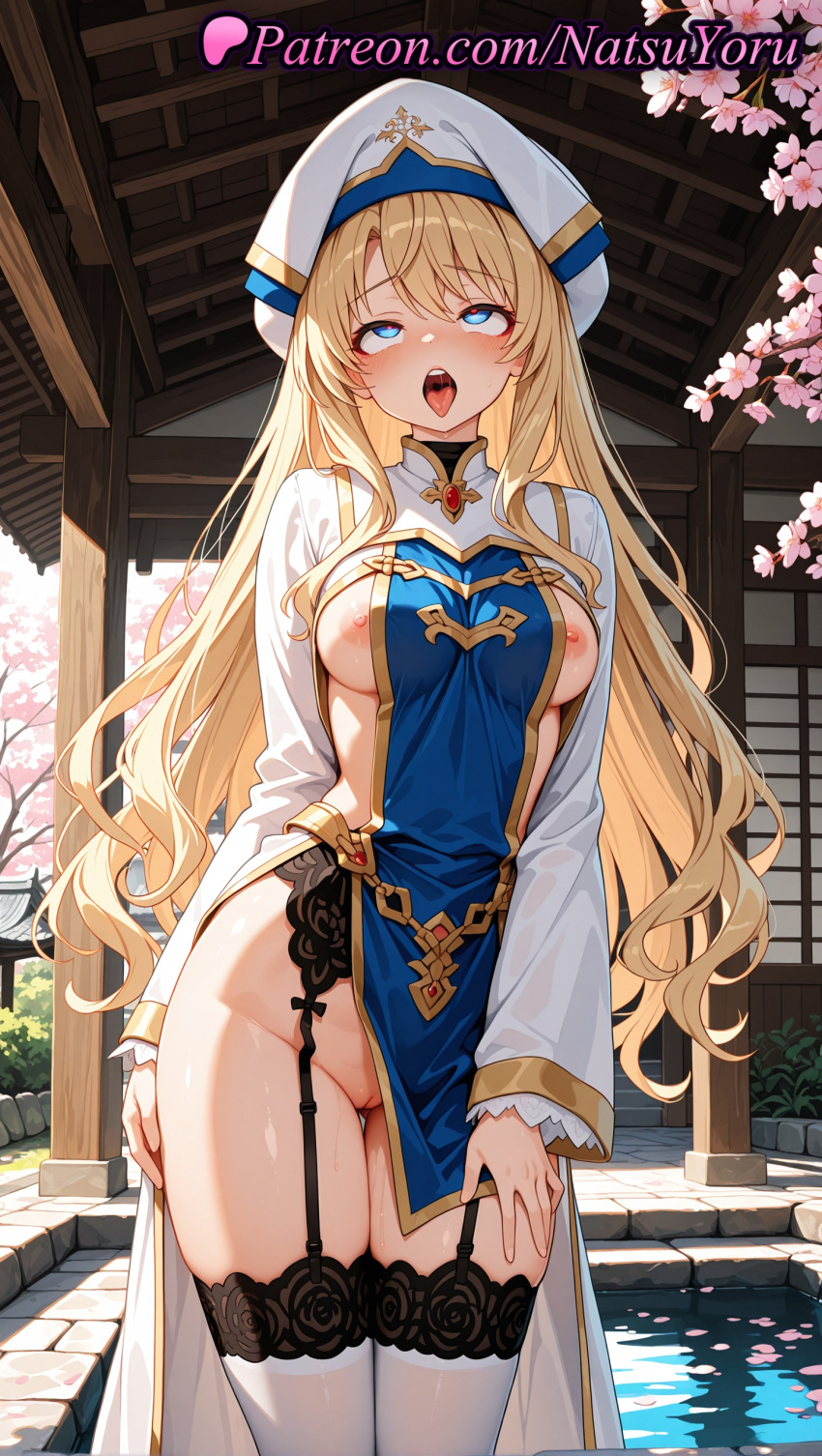 1girl 1girl 1girls 2025 ahegao ai ai_assisted ai_generated anime anime_style ass_visible_through_thighs bangs big_breasts big_breasts blonde_hair blue_eyes blush breasts bust cherry_blossoms cleft_of_venus clothing cowboy_shot dress female_focus female_only garter_belt garter_straps goblin_slayer hat heart heart-shaped_pupils hentai high_quality high_res high_res high_resolution lace-trimmed_legwear long_hair long_sleeves looking_at_viewer medium_breasts natsuyoru nipple_slip nipples nipples_outside no_bra no_panties open_mouth outside patreon pelvic_curtain petals pool priestess_(goblin_slayer) pussy pussy pussy_juice revealing_clothes rolling_eyes saliva sideboob sideless_outfit solo_female stable_diffusion standing stockings stockings symbol-shaped_pupils tabard thigh_gap thighs tongue tongue_out uncensored uncensored_nipples very_long_hair voluptuous voluptuous_female wading water white_dress white_headwear white_thighhighs
