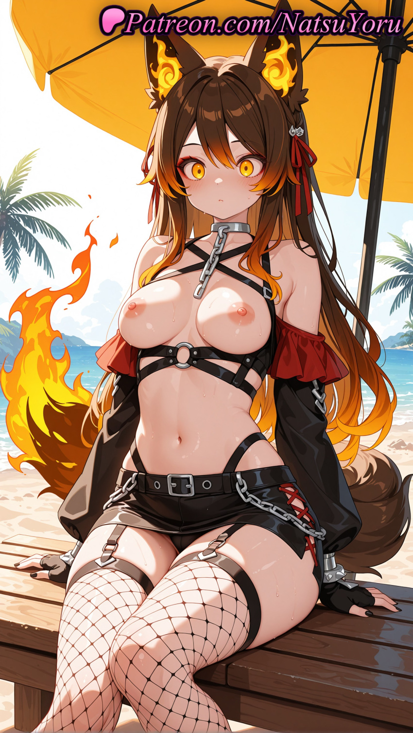 1girl 1girl 1girls 2025 ai ai_assisted ai_generated animal_ear_fluff animal_ears anime anime_style bangs bare_shoulders beach beach_umbrella belt bench big_breasts big_breasts bikini black_belt black_gloves black_nails black_panties black_skirt blush breasts brown_hair bust chain chest_harness choker closed_mouth collar colored_inner_hair day detached_sleeves female_focus female_only female_solo fingerless_gloves fire fishnet_stockings fishnet_thighhighs fishnets fox_tail garter_straps gloves gradient_hair hair_between_eyes hair_ornament hair_ribbon halterneck harness hentai high_quality high_res high_res high_resolution highleg highleg_panties long_hair long_sleeves looking_at_viewer medium_breasts microskirt miniskirt multicolored_hair nail_polish natsuyoru navel nipples nipples_outside non-asian o-ring orange_eyes orange_hair orange_tail outside palm_tree panties patreon pencil_skirt red_ribbon ribbon shiny sinder_(vtuber) sitting sitting_on_bench skirt solo_female stable_diffusion stockings stockings stomach sweat swimsuit tail thighs umbrella uncensored_nipples underwear voluptuous voluptuous_female vtuber vtuberfanart water wolf_ears wolf_girl wolf_tail yellow_eyes