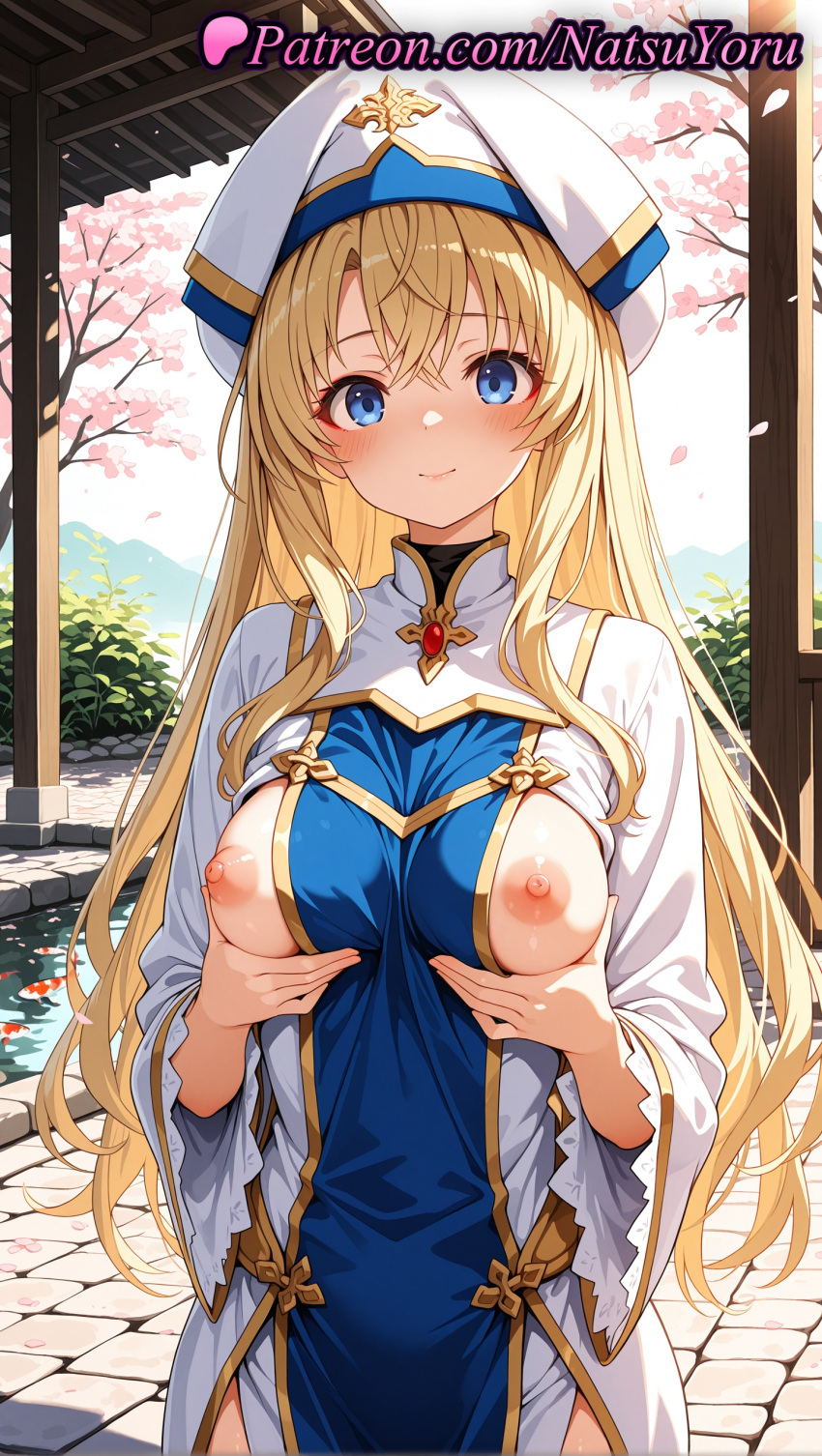 1girl 1girl 1girls 2025 ai ai_assisted ai_generated anime anime_style bangs big_breasts big_breasts blonde_hair blue_eyes blush breast_hold breasts breasts_out bust cherry_blossoms closed_mouth cowboy_shot crossed_bangs dress female_focus female_only female_solo goblin_slayer hair_between_eyes hat hentai high_quality high_res high_res high_resolution long_hair long_sleeves looking_at_viewer medium_breasts multicolored_clothes natsuyoru nipples nipples_outside outside patreon petals priestess_(goblin_slayer) smile solo_female stable_diffusion standing uncensored_nipples very_long_hair voluptuous voluptuous_female water white_dress white_headwear wide_sleeves