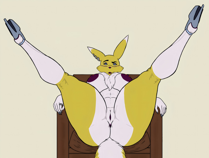 1girl big_areola big_ass big_breasts cute earrings fox furlyfe_redux muscular_female nipple_piercing platform_shoes posing renamon seductive sexy sofa spread_legs tail yellow_skin
