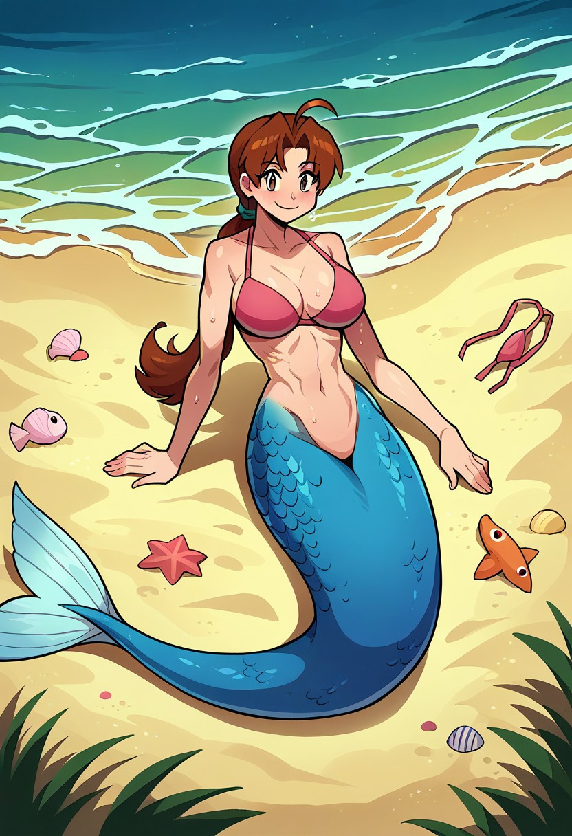 1girl ai_generated anime beach big_breasts bikini_top delia_ketchum delia_ketchum_(pokemon) female fish_girl mermaid mermaid_tail midriff monster_girl nintendo pinup pokemon poptoonz scales solo