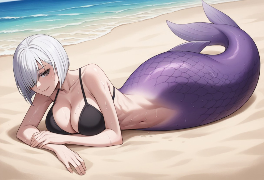 1girl ai_generated anime beach big_breasts bikini_top female fiona_frost fish_girl mermaid mermaid_tail midriff monster_girl pinup poptoonz scales solo spy_x_family white_hair