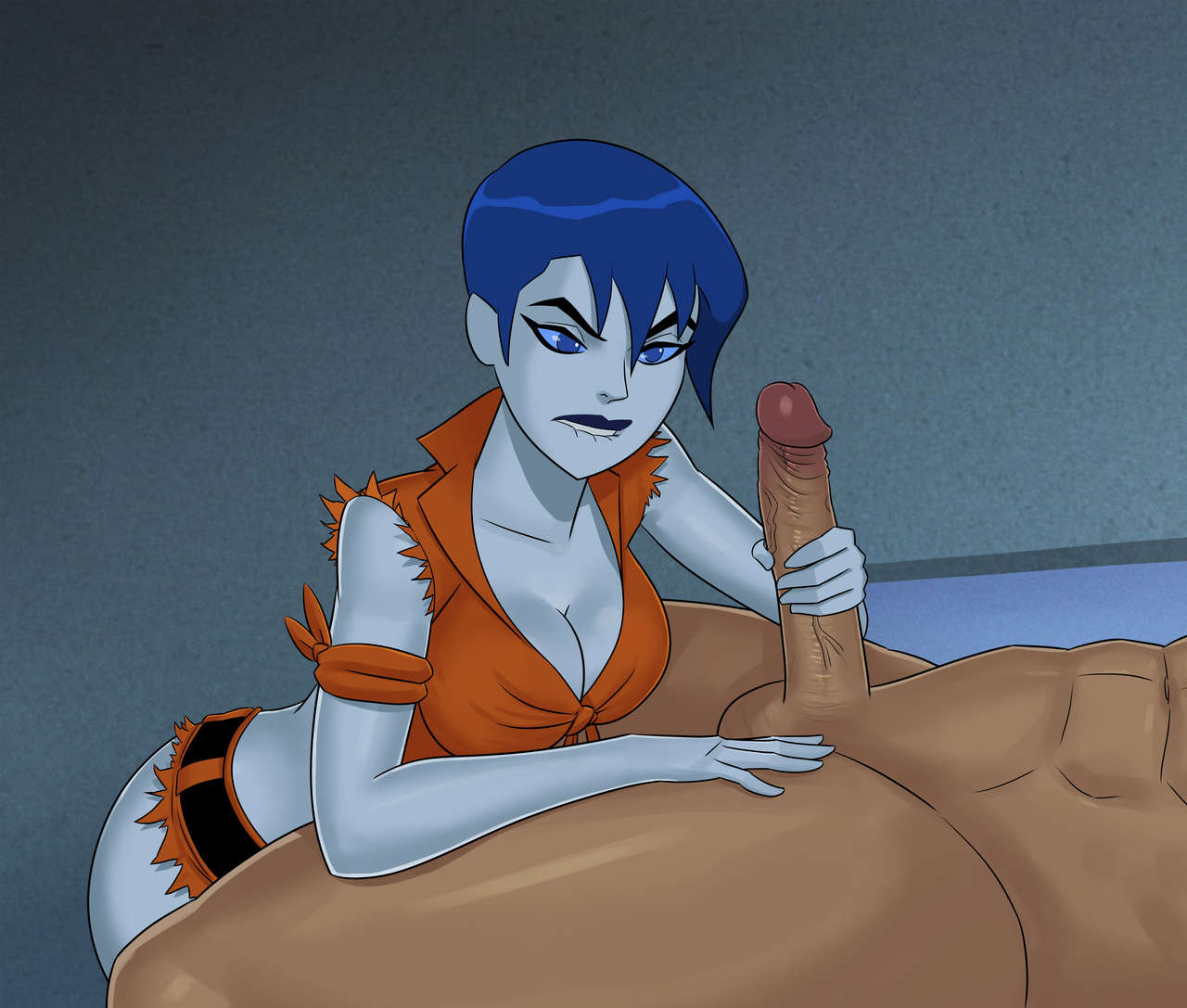1boy 1girl abs alternate_costume bare_shoulders big_breasts biting biting_lip black_lipstick blue_eyes blue_hair blue_lipstick blue_sclera breasts cleavage clothed clothed_female clothed_female_nude_male collarbone dark-skinned_male dark_skin dc_comics dcau duo erection femdom gradient gradient_background grey_background grey_skin hair_between_eyes half-closed_eyes handjob hetero interracial justice_league justice_league_unlimited killer_frost legs lips lipstick looking_at_another looking_at_penis makeup malesub matching_hair/eyes medium_breasts midriff muscular muscular_male neck nude nude_male orange_clothing pale-skinned_female pale_skin penis serious short_hair sunsetriders7 supervillainess testicle thick_eyebrows thick_thighs thighs torn_clothes uncensored villainess