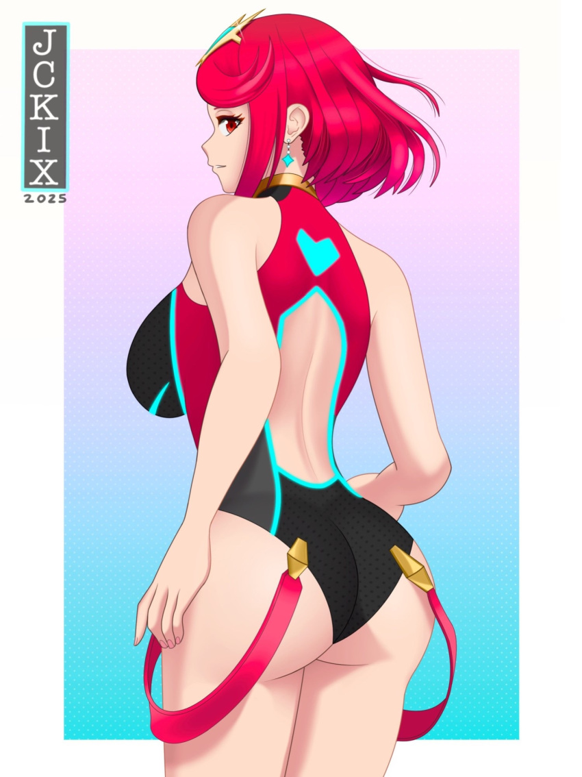 1girl alluring ass bare_legs bikini bubble_butt heroine jckix_art looking_back_at_viewer milf nintendo one-piece_bikini pyra red_eyes red_hair xenoblade_(series) xenoblade_chronicles_2