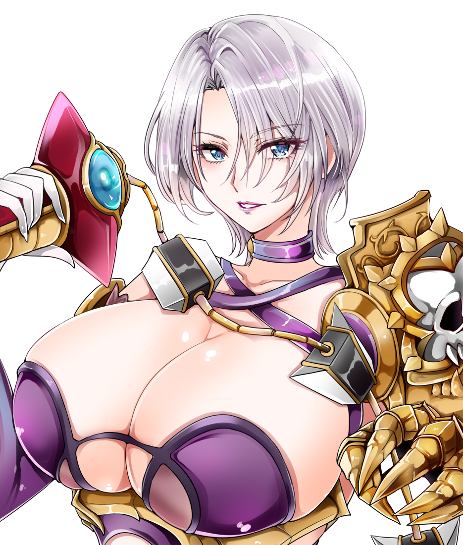 1041_(toshikazu) 1girl 1girl 1girl big_breasts bikini_armor blue_eyes cleavage female_only grin isabella_valentine lipstick looking_at_viewer open_mouth project_soul short_hair skimpy_clothes soul_calibur soul_calibur_ii soul_calibur_iii soul_calibur_vi weapon white_hair