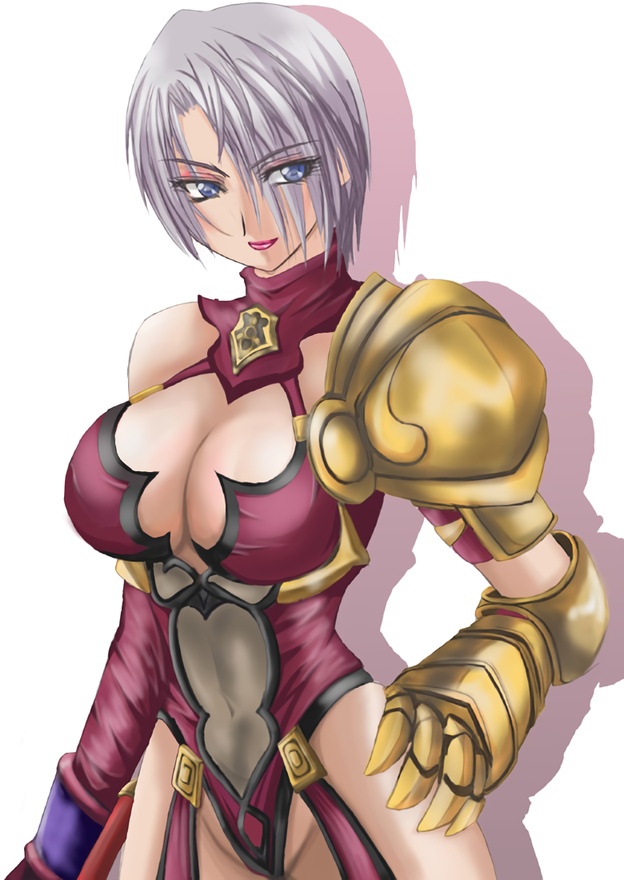 1041_(toshikazu) 1girl alluring big_breasts blue_eyes cleavage female_focus hand_on_own_hip isabella_valentine project_soul purple_hair short_hair smile soul_calibur soul_calibur_ii soul_calibur_iii soul_calibur_vi very_short_hair