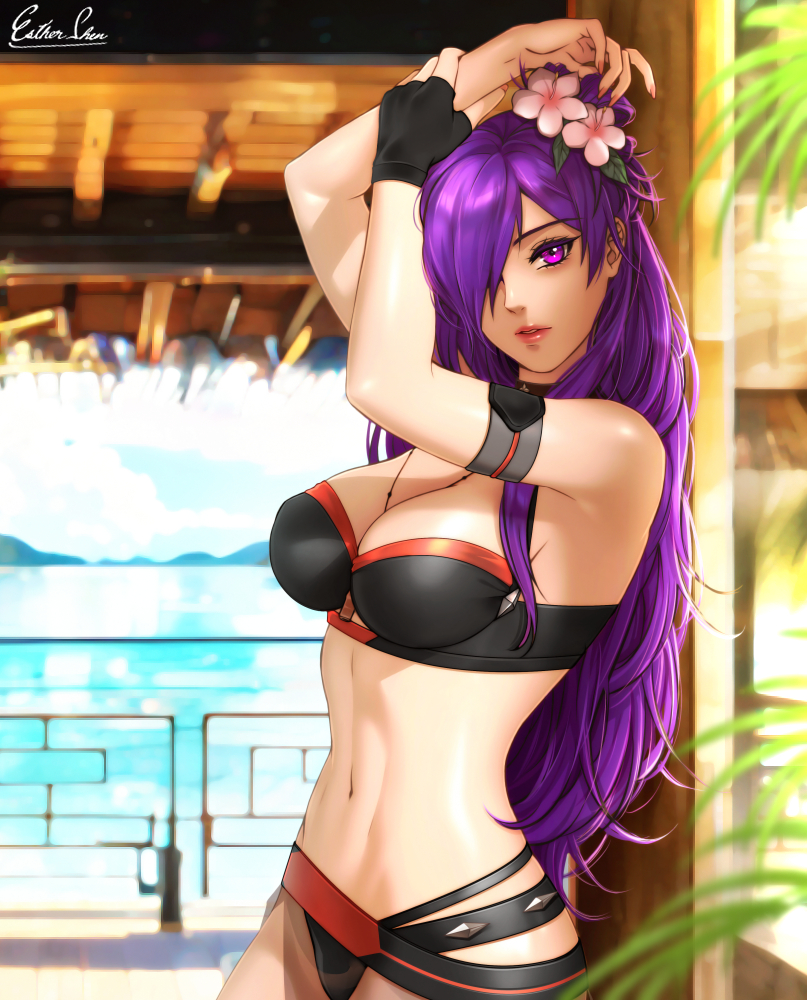 1girl 1girl 1girl alluring alternate_costume bare_shoulders big_breasts bikini black_bikini black_choker black_swimsuit choker cleavage esther-shen female_only fire_emblem fire_emblem:_three_houses fire_emblem_heroes fire_emblem_warriors:_three_hopes flower hair_flower hair_ornament hair_over_one_eye intelligent_systems long_hair looking_at_viewer navel nintendo official_alternate_costume purple_eyes purple_hair shez_(fire_emblem) shez_(fire_emblem)_(female) shez_(summer)_(fire_emblem) stomach swimsuit white_flower