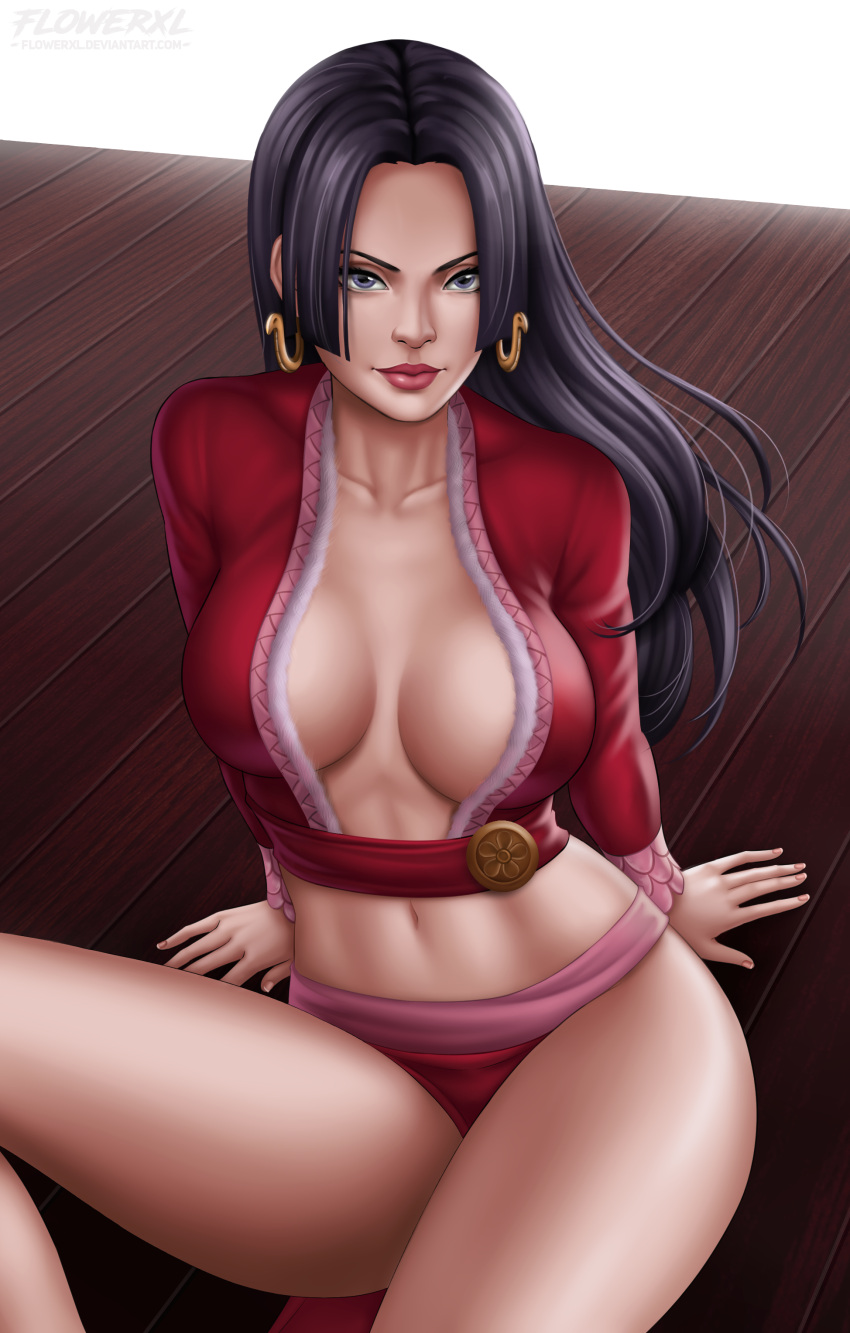 1girl 1girl 1girl amazon amazonian artist_name belly big_breasts black_hair blue_eyes boa_hancock breasts cleavage clothing earrings female_only flowerxl hips jewelry legs light-skinned_female light_skin long_hair midriff navel one_piece panties piercing pirate pose purple_eyes sexy_pose smile thighs underwear web_address wood