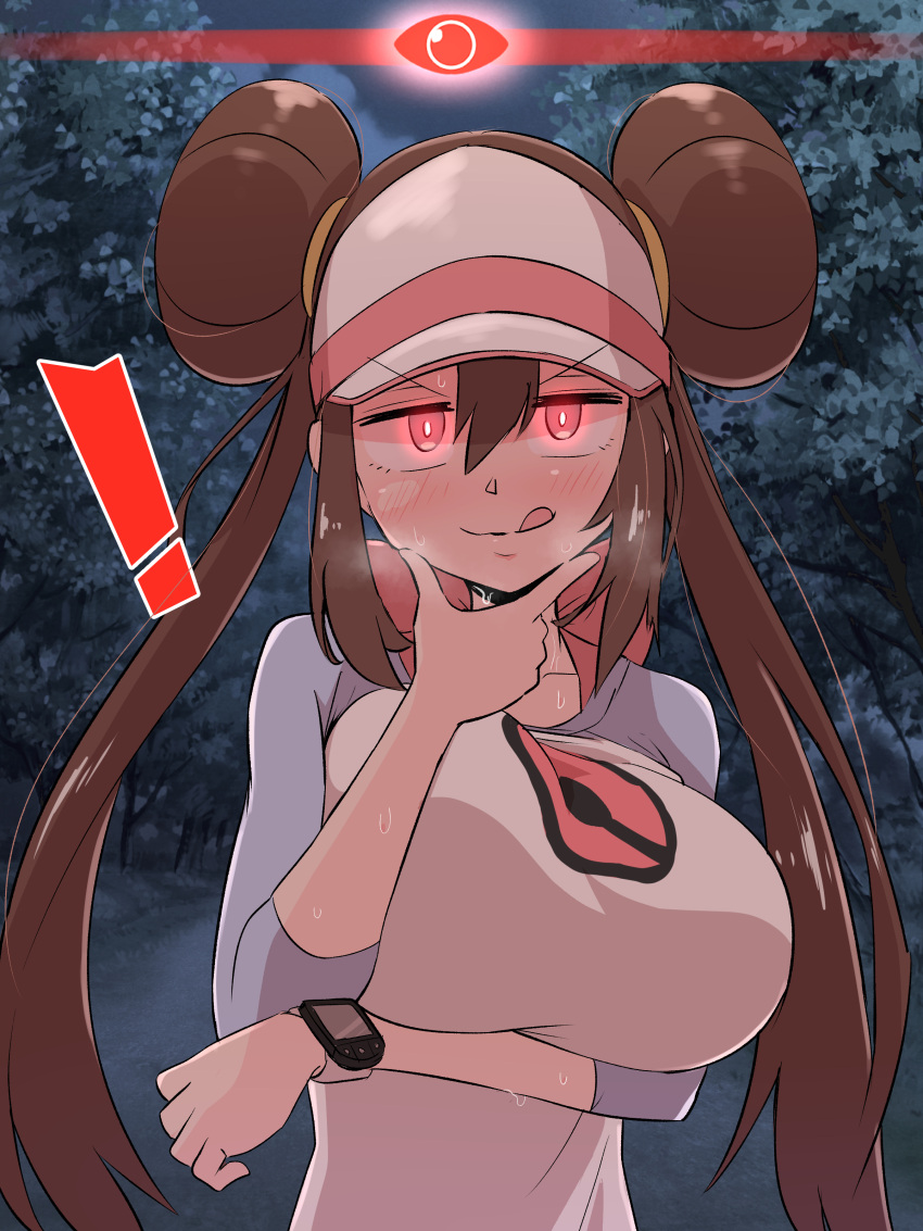 ! 1girl 1girl 1girls 2023 alpha_pokegirl alpha_pokemon big_breasts blush breasts brown_hair clothing forest glowing_eyes hair_bun hat kurachi_mizuki long_hair looking_at_viewer night pokemon pokemon_bw2 pokemon_legends:_arceus red_eyes rosa_(pokemon) sweat tongue tongue_out watch