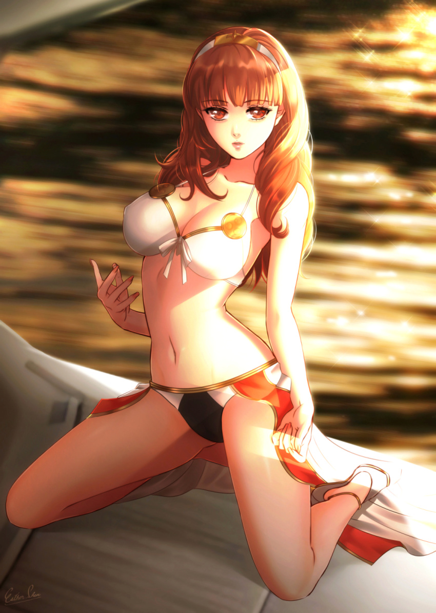 1girl 1girl 1girls alluring alternate_costume ass_visible_through_thighs bangs big_breasts bikini black_bikini blunt_bangs brown_hair celica_(fire_emblem) cleavage collarbone covered_nipples esther-shen eyebrows_visible_through_hair female_only fire_emblem fire_emblem_echoes:_shadows_of_valentia front-tie_bikini front-tie_top hairband intelligent_systems kneel long_hair looking_at_viewer mismatched_bikini nail_polish navel nintendo parted_lips red_eyes red_nails shiny shiny_hair sunlight swimsuit white_bikini white_hairband white_swimsuit