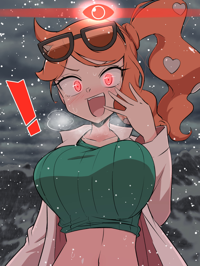! 1girl 1girl 1girls alpha_pokegirl alpha_pokemon big_breasts breasts breath glowing_eyes high_res horny horny_female kurachi_mizuki labcoat nintendo orange_hair pokemon pokemon_ss ponytail red_eyes snow snowing sonia_(pokemon) steam sunglasses sunglasses_on_head sweat thirsty waist